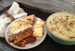 Cullen Skink served with oatmeal-currant scones, cheese and more smoked fish